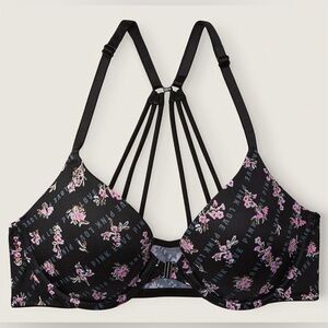 PINK Victoria's Secret Black and Pink Floral Wear Everywhere Push-Up Bra 36DD
